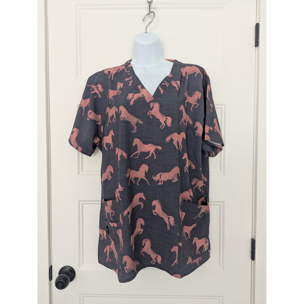 Carhartt Liberty Women XL Scrub Top Modern Fit Horse Print Grey Pink C12114 NWOT